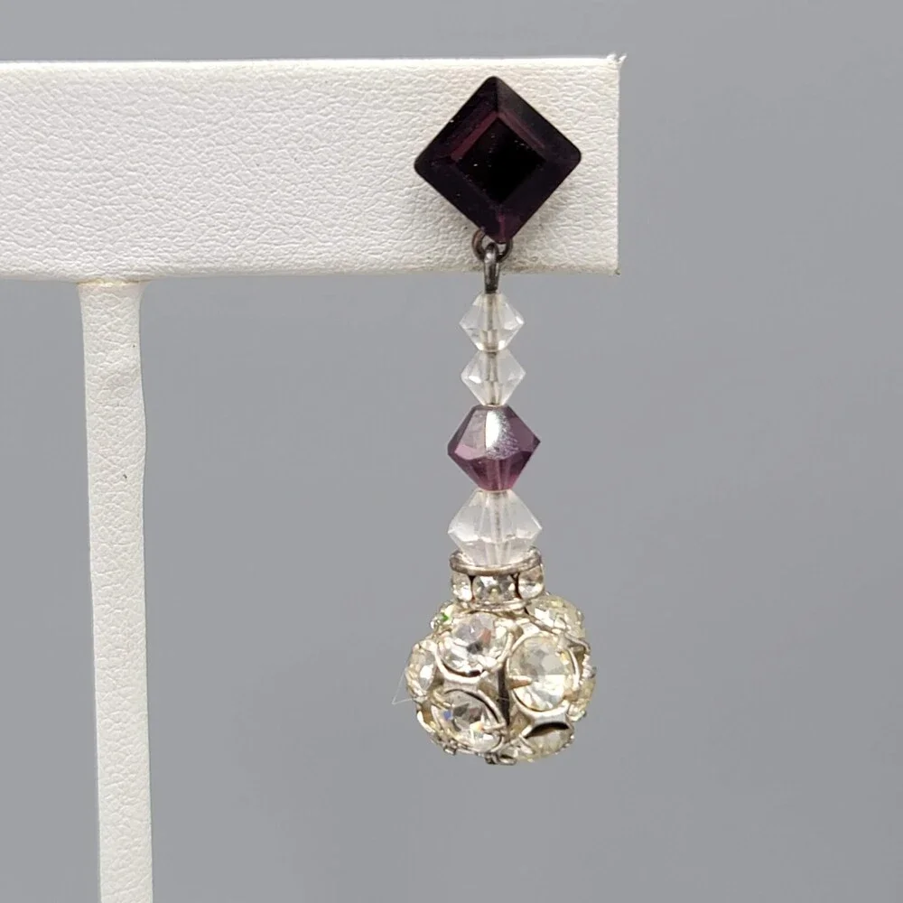 Vintage Purple Rhinestone Pierced Earrings Silver tone Bead Dangle 1.75" - Picture 5 of 9